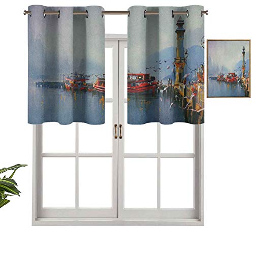 Hiiiman Cenefa corta recta con vista de una mañana neblina en el puerto con barcos y pájaros en el arte de la ciudad pesquera antigua, juego de 1, 137 x 45 cm para cocina con ventanas Hiiiman Cenefa corta recta con vista de una mañana neblina en el puerto con barcos y pájaros en el arte de la ciudad pesquera antigua, juego de 1, 137 x 45 cm para cocina con ventanas