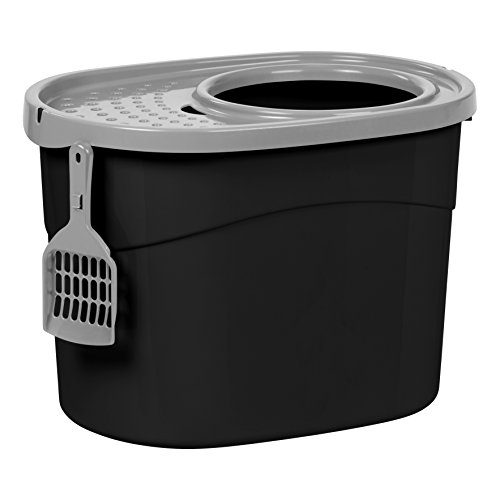 Iris Ohyama Casa Aseo para Gato con Agujeros En La Tapa, Entrada Superior Y Una Pala-Top Entry Cat Litter Box-Tecl-20, Plástico, Gris y Negra, talla única