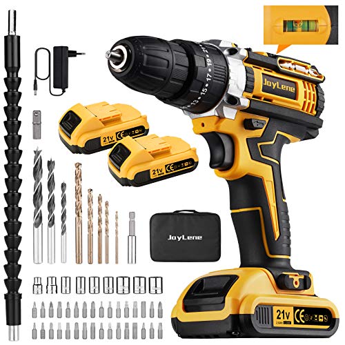 JayLene Taladro Atornillador 21V Tiene un Modo de Trabajo 3 en 1,Atornillador Electrico,Perforación,Taladro Percutor a Batería,Equipado con Nivel de Burbuja y luz LED,45N.m Par Máx, 2x2000mAh Batería JayLene Taladro Atornillador 21V Tiene un Modo de Trabajo 3 en 1,Atornillador Electrico,Perforación,Taladro Percutor a Batería,Equipado con Nivel de Burbuja y luz LED,45N.m Par Máx, 2x2000mAh Batería
