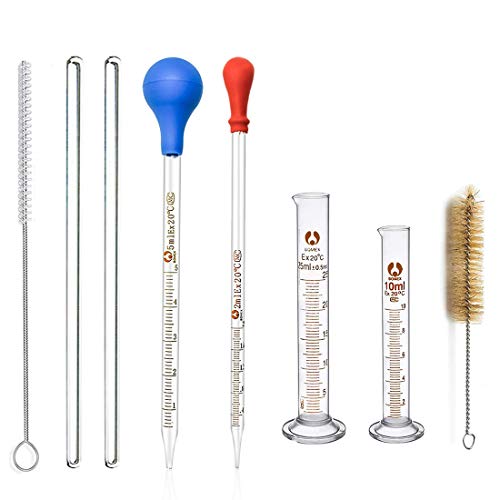 Jestool - Juego de 2 pipetas graduadas de cristal de 2 ml, 5 ml, 2 cilindros graduados de cristal de 10 ml, 25 ml, con 2 cepillos de limpieza y 2 varillas de agitación.