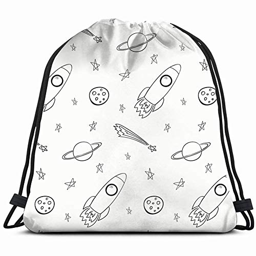 JIMSTRES Hand Drawn Space Rocket Adventure Drawstring Backpack Gym Sack Lightweight Bag Water Resistant Gym Backpack for Women&Men for Sports,Travelling,Hiking,Camping,Shopping Yoga