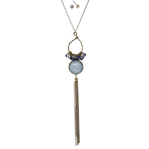 Juego de collar de fantasía y pendientes a juego – Metal dorado envejecido, perlas y pedrería – Colgante con flecos y piedra de druzy azul – 85 cm Juego de collar de fantasía y pendientes a juego – Metal dorado envejecido, perlas y pedrería – Colgante con flecos y piedra de druzy azul – 85 cm