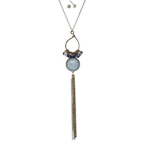 Juego de collar de fantasía y pendientes a juego – Metal dorado envejecido, perlas y pedrería – Colgante con flecos y piedra de druzy azul – 85 cm