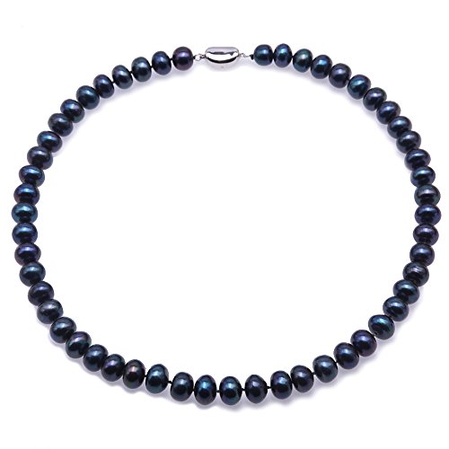 JYX Pearl Juego de collar de 8 a 9 mm, color azul oscuro, redondo, perlas cultivadas de agua dulce, collar y pulsera y pendientes azul