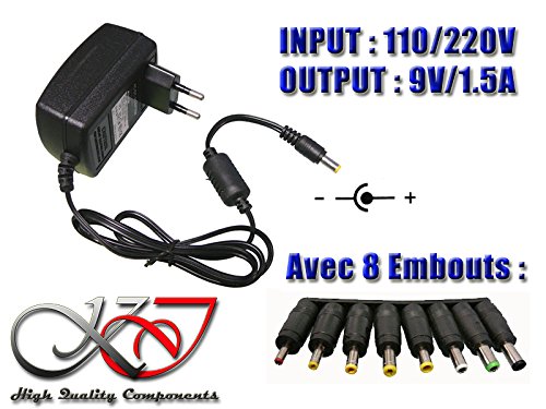 Kalea-Informatique - Cargador con 8 adaptadores (entrada: 220 V, salida de CC: 9 V y 1,5 A, adaptadores: 1,35 x 3,50, 1,70 x 4,00, 1,70 x 4,80, 1,70 x 5,50, 2,50 x 5,50 con macho; 2,50 x 5,50, 3,00 x 6,30, 4,40 x 6,00 con macho; sustituye a una alimentaci