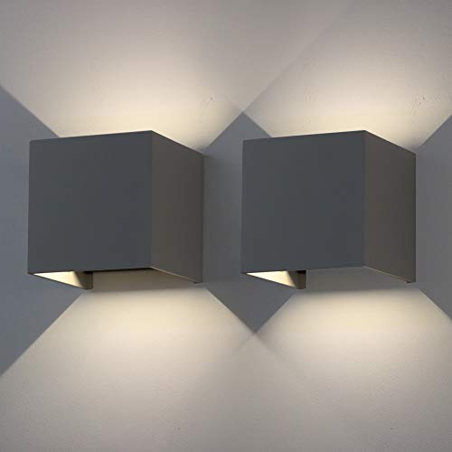 Klighten Lámparas de pared LED de 12W, 2 piezas de interior, exterior, arriba, abajo, iluminación ajustable, luces de aluminio, blanco natural, luces de pared modernas IP65, gris oscuro