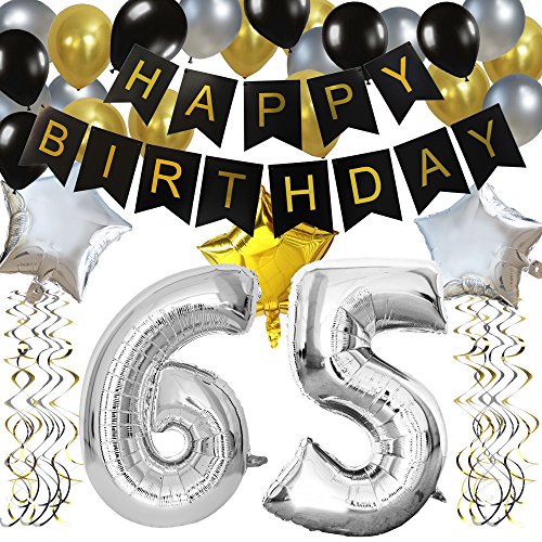 KUNGYO Clásico Decoración de Cumpleaños -“Happy Birthday” Bandera Negro;Número 65 Globo;Balloon de Látex&Estrella, Colgando Remolinos Partido para el Cumpleaños de 65 Años
