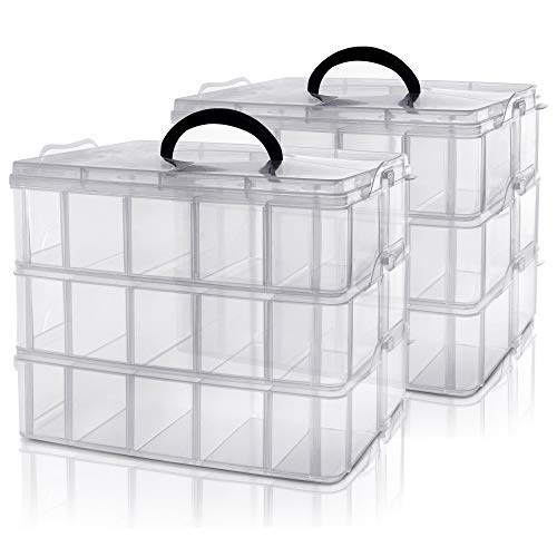 Kurtzy Caja Almacenamiento Plastico 3 Niveles (Pack de 2) - Ranuras de Compartimentos Ajustables - Caja Organizadora Plastico Transparente - Máximo 30 Compartimentos – Guardar Juguetes Joyas, Cuentas