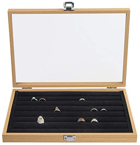 LAUBLUST Joyero para anillos, aprox. 36 x 25 x 5 cm, aspecto de madera, color marrón natural, caja para anillos con tapa de cristal