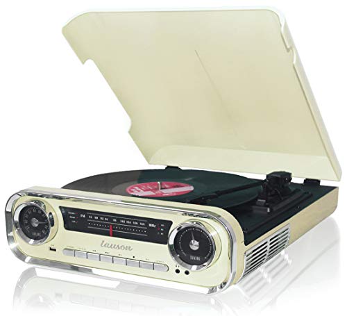 Lauson 01TT15 Tocadiscos Diseño Vintage Coche de Colección con 2 Altavoces Estéreo Integrado de 3 W | Tocadisco Vinilo con Radio FM, Función Bluetooth, USB, AUX | 3 Velocidades (33, 45, 78) (Crema)