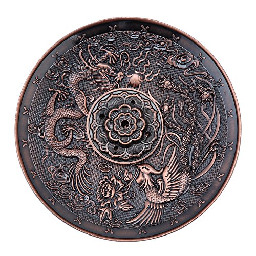 Lazmin 5 agujeros de aleación para quemador de incienso, diseño de dragón, placa de incensario para dormitorio, templo oficina (bronce rojo)