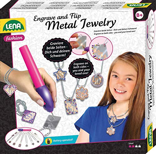 Lena- Engraver's Jewelry Studio, Grabar, Estudio niños a Partir de 9 años, Juego con Grabado, Cola, 800 Joyas de Brillantes y 6 Colgantes de Metal con Cadenas, Color plata (Simm Spielwaren GmbH 42655)