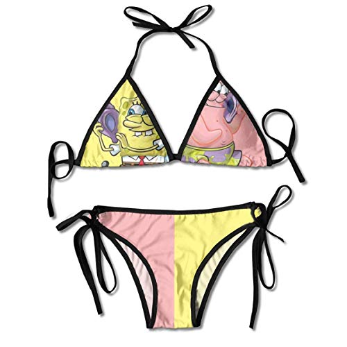 Lindos Conjuntos de Bikini para Mujer con Estampado de Bob Esponja y Patricio, Traje de baño de triángulo, Traje de baño de Playa, Negro