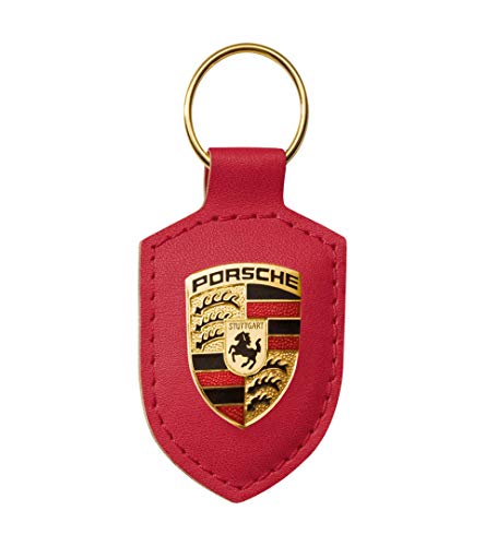 Llavero de Porsche con escudo de metal en placa de piel, llavero extra con cierre de rosca, diseño original de coche deportivo, fabricado en Alemania (rojo)