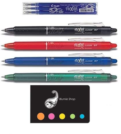 Lote 4 bolígrafos Pilot Ball Clicker + 1 caja de 3 recambios azules + goma + bolígrafo blumie Shop