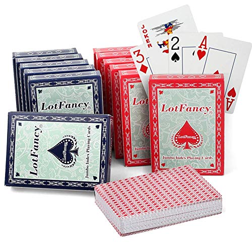 LotFancy Playing Cards Poker, Letra Grande, 12 Tarjetas de Poker Estándar Impermeable con Estuches de Plástico - 6 Azul y 6 Rojo