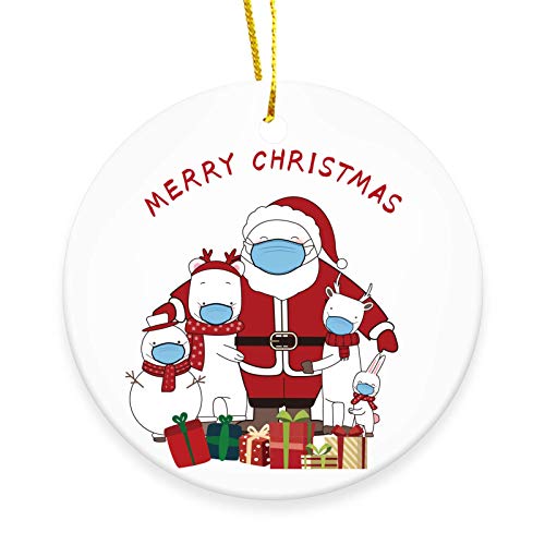 Lplpol Adorno de Navidad 2020 con diseño de Papá Noel y muñeco de nieve con máscaras, adorno de Navidad, adorno de cerámica de porcelana redonda para colgar árbol de Navidad de 3 pulgadas, ZA105