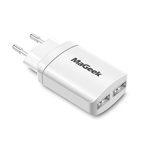 MaGeek® 12W / 2.4A Dos Puertos USB Cargador de Pared con tecnología UniCharge para iPhone, iPad, Samsung Galaxy, LG y más (Blanco)