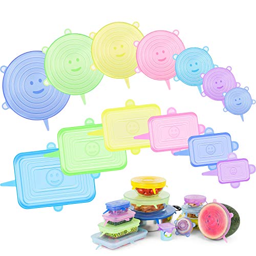 Maibahe Tapas de Silicona Reutilizables Ecológicas, 13pcs Tapas Silicona Ajustables Cocina, Colores Arcoiris, Tapas elásticas, sin BPA, Ideal para Varias Formas de Contenedores, Apto en Microondas