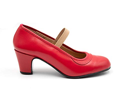 Malaca - Zapatos de Baile Flamenco con Clavos, sujección con Goma elástica, para: Niña Color: Rojo Talla:33