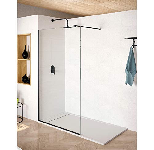 Mampara de Ducha FIJA FRONTAL NEGRA Málaga – Panel Pantalla Fijo TRANSPARENTE – 200cm Altura - Cristal Templado antical y 8mm de espesor Varias Medidas Disponibles – Negro, 110 cm (1 fijo)