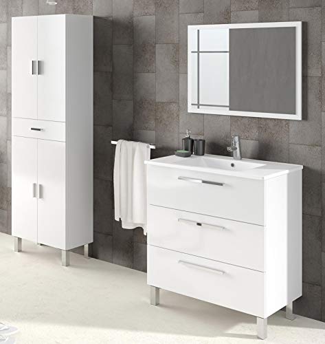 Miroytengo Pack Muebles baño Blanco Brillo con Armario Auxiliar lavamanos cerámico y Espejo a Juego