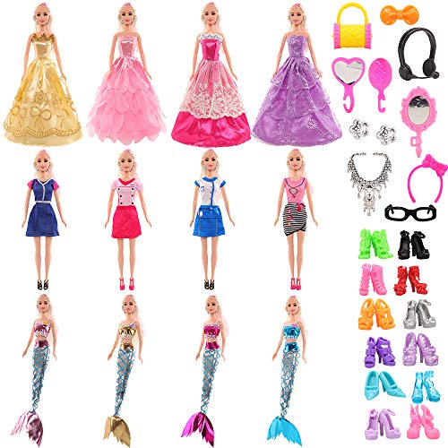 Miunana 62 Accesorios Seleccionados Al Azar para Barbie: 4 Vestidos de Moda + 4 Vestidos De Novia + 4 Ropas Sirena + 10 PCS Zapatos + 40 Accesorios (Producto Sin incluir Las muñecas)
