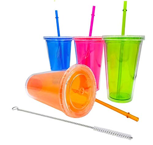 ML Pack 4 pcs Vasos plástico Reutilizables con Tapa y Pajita, Doble Aislamiento Tapa enrroscable Anti Fugas para Bebidas frias infusiones y Batidos+ Cepillo Limpia Pajita - sin BPA 500ml