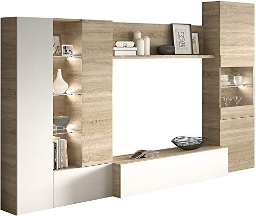 Mobelcenter – Mueble de Salón Essential – Módulo TV, Módulo Vertical y Vitrina con Leds – Acabado Color Roble Canadian y Blanco Brillo – Medidas: Ancho: 260 cm x Fondo: 42 cm x Alto: 185 cm - (0735)