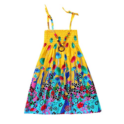 Moneycom - Vestido de tul chic, ceremonia, para niña, niña, niña, niña, vestido floral, vestido de correas de playa bohemio amarillo 3-4 Años