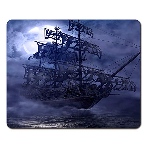 Mouse Pad with Non-Slip Rubber Base Blue Abandoned Sailing Pirate Ghost Ship Flying Dutchman On The High Seas In Moonlit Night 3D Render Buccaneer Gaming Mousepad for Computer PC, 7.1x8.7 Inches