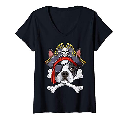 Mujer Boston Terrier Pirate Jolly Roger Flag Skull Crossbones Camiseta Cuello V