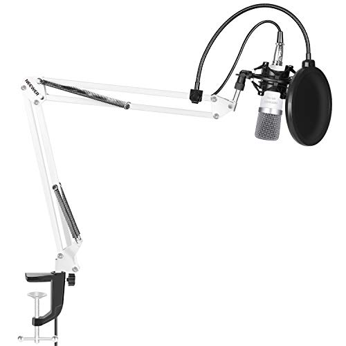 Neewer NW-700 Set de micrófono: (1) Micrófono de condensador + (1) Suspensión de Micrófono con brazo y abrazadera de fijación + (1) Filtro de pops + (1) soporte antichoque (Color Blanco)