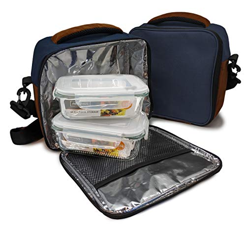 NERTHUS Lunch Bag Azul Fiambrera bolsa termica porta alimentos, navy + 2 tupper, Tela Resistente, Con 2 Herméticos Cristal, Con 2 Tuppers Cristal