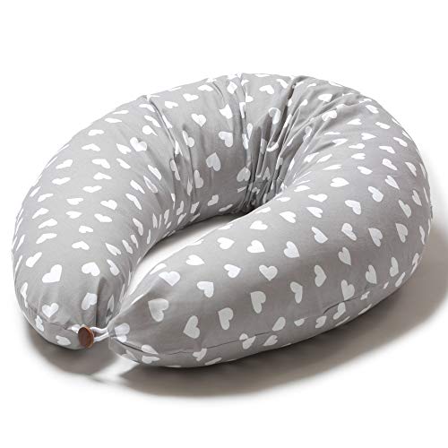 Niimo Cojin Lactancia Bebe y Almohada Embarazada Dormir XXL Multifuncion Funda Cojin 100% Algodon Desenfundable y Lavable Relleno de Poliester Multiusos Maternidad (Gris - Corazon Blanco)