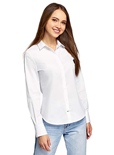 oodji Ultra Mujer Camisa de Algodón con Cuello de Solapa, Blanco, ES 38 / S