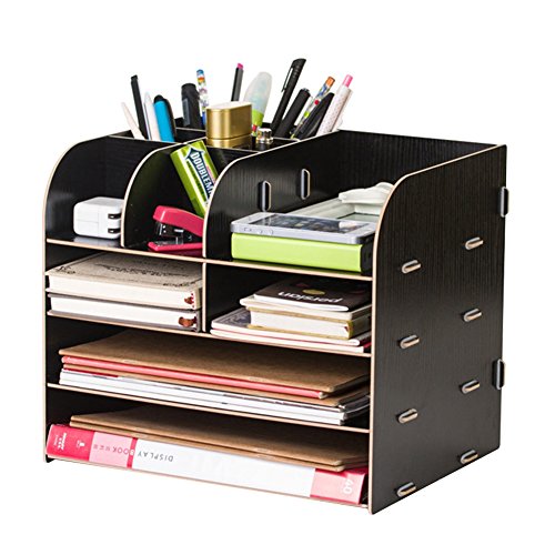 Organizador de escritorio de madera 4 compartimentos, estante con cajones. para guardar libros, periódicos, revistas, bolígrafos, lápices y hojas de papel A4. , color Negro