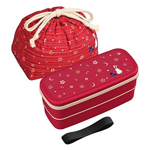 OSK PW-28C - Juego de caja bento tradicional japonesa, diseño de conejo y luna, versión renovada, apto para microondas y lavavajillas, incluye palillos y bolsa Bento, color rojo