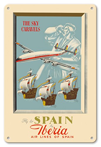 Pacifica Island Art Volar a España - por Iberia Líneas Aéreas de España - Christopher Columbus - Vintage Airline Travel Poster c.1950s - Fine Art Print