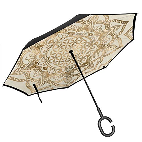 Paraguas invertido de doble capa con mango en forma de C, flor de la vida en loto dorado pastel y lona, anti UV, impermeable, resistente al viento, paraguas recto para uso en el coche y al aire libre