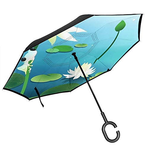 Paraguas invertido de doble capa con mango en forma de C, pequeñas ranas en loto anti-UV, resistente al viento, paraguas recto para lluvia en el coche, uso al aire libre