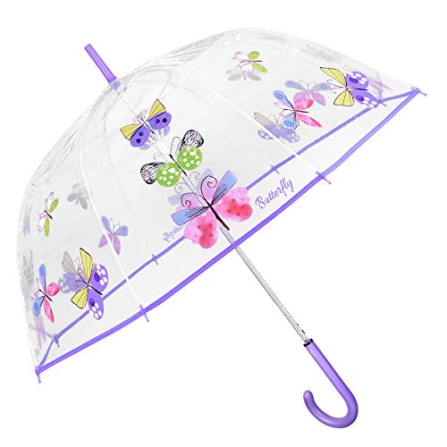 Paraguas Transparente Estampado Mariposas Mujer Antiviento - Paraguas Largo de Burbuja Cupula Campana - Robusto Resistente de Fibra de Vidrio - Automatico - Morado - Diametro 89 cm - Perletti Time