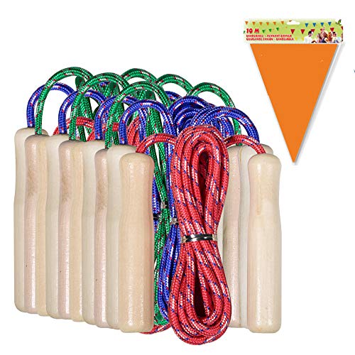 Partituki Pack de 5 Cuerdas para Saltar. Combas con Mango de Madera y una Guirnalda de 10 m. Ideal para Juegos al Aire Libre y Detalles de Cumpleaños Infantiles.