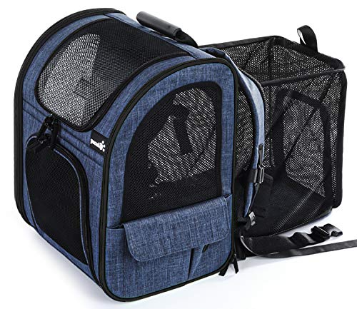 Pecute Transportin Gato Mochilas para Gatos y Perro Bolsa para Mascotas Expandible y Plegable, Carga Máxima 15 kg, para Viajar en Tren/automóvil/Restaurante/avión, Gris (Azul, Ventana de Malla)