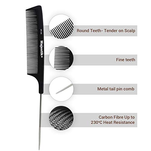 Peine de pelo - un profesional de fibra de carbono de metal pino cola de la cola de Majestik +, la fuerza y ​​la durabilidad, dientes finos, negro (MPC-005), con bolsa de producto libre de PVC