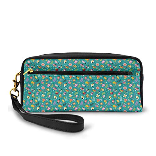 Pencil Case Pen Bag Pouch Stationary,Funny Pattern Of Different Birds Bugs Flowers Leaves And Colorful Dots Forest Theme,Small Makeup Bag Coin Purse