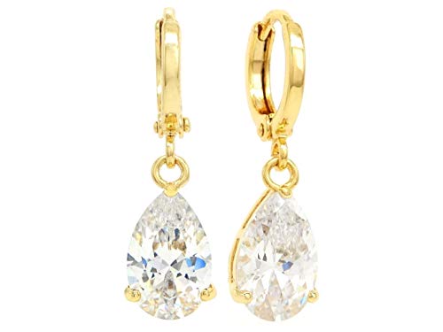 Pendientes de gota chapados en oro amarillo de 18 quilates, con piedras preciosas blancas transparentes y caja de joyería negra. Pendientes de gota chapados en oro amarillo de 18 quilates, con piedras preciosas blancas transparentes y caja de joyería negra.