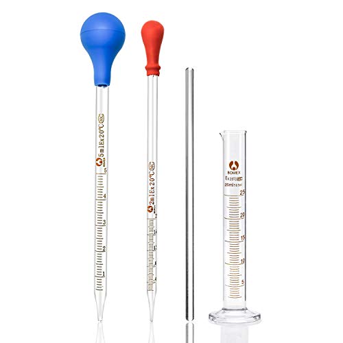 Pipeta de cristal Wandefol, cilindro medidor de vidrio, barra de vidrio de 2 ml, 5 ml, cuentagotas de pipeta graduado, 25 ml + 1 barra de agitador de suministros de laboratorio (paquete de 4)