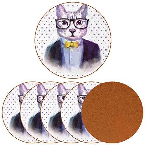 Posavasos de bebidas – Cabeza de gato – Cuerpo de acuarela de cerámica posavasos con cuero, juego de 6 piezas