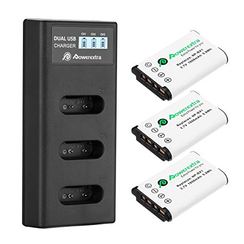 Powerextra 3 X Baterías para Sony NP-BX1 Batería con Cargador de Pantalla LCD para Sony NP-BX1 M8 Sony Cyber-Shot DSC-RX100 DSC-RX100 II DSC-RX100 III DSC-RX100 V DSC-RX100 IV HDR-CX405